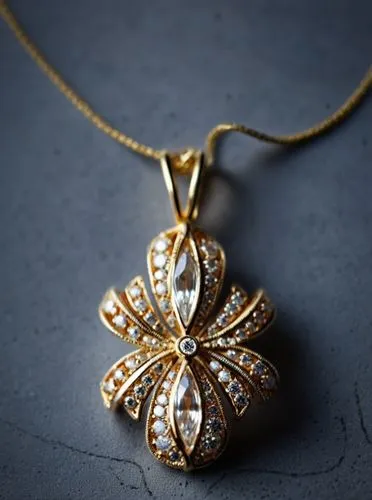 A pendant with round diamonds  , high quality, high resolution, ultra distills, 8k,a necklace with a flower shaped design hanging from a chain,diamond pendant,gold filigree,gold diamond,mouawad,gold j