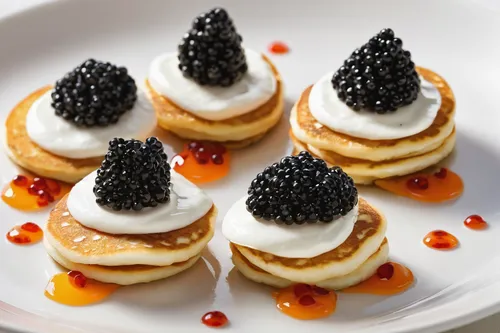 mascarpone,fruit-filled choux pastry,cream cheese tarts,blini,blintz,cream puffs,tartlet,sufganiyah,sugared pancake with raisins,pavlova,hors' d'oeuvres,choux pastry,tres leches cake,pastry chef,almond jelly,hotcakes,black berries,caviar,blinis,canapes,Conceptual Art,Sci-Fi,Sci-Fi 22