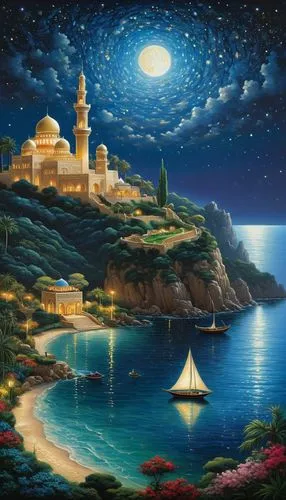 fantasy picture,sea fantasy,mohaddessin,fantasy art,night scene,maghreb,Illustration,Realistic Fantasy,Realistic Fantasy 08