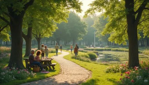 Serene park scene, harmonious balance, natural scenery, lush greenery, vibrant flowers, walking path, wooden benches, tranquil atmosphere, warm sunlight filtering through trees, soft shadows, gentle b