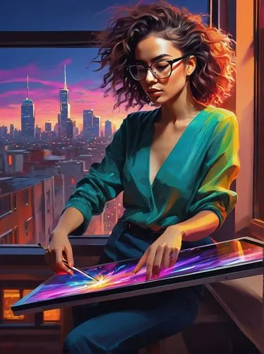 girl at the computer,painting technique,sci fiction illustration,world digital painting,programadora,woman playing,librarian,girl studying,welin,secretarial,colorists,women in technology,meticulous painting,mapei,illustrator,artist portrait,night administrator,table artist,game illustration,aoc,Photography,Fashion Photography,Fashion Photography 22