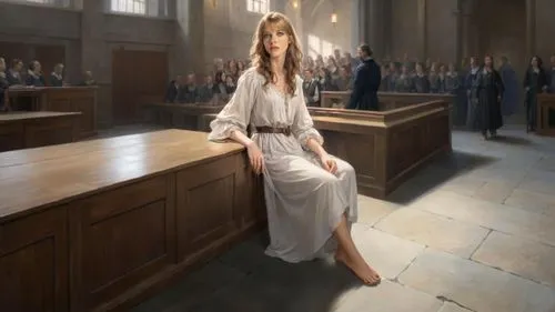 classicism painting: ((female defendant, long dress, barefoot. bare feet, bare toes)), inside 17th century courtroom, standing on stone floor, 2 bare feet with 5 toes showing each,swiftlet,justitia,gi