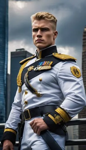 Job captain, muscular man, strong jawline, short blonde hair, blue eyes, serious expression, white uniform, golden badges, epaulets, black boots, standing, heroic pose, majestic background, skyscraper