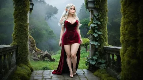 this is a woman walking down a walkway,fantasy picture,man in red dress,dryads,red tunic,hekate,fantasy art