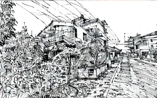 the sketched landscape of a house with bushes in front,shinkawa,mono-line line art,riopelle,pen drawing,line drawing,mono line art,Design Sketch,Design Sketch,Hand-drawn Line Art