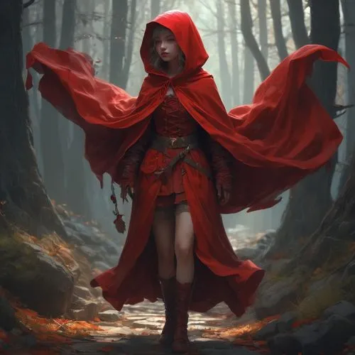 little red riding hood,red riding hood,red coat,red cape,red tunic,lady in red,cloak,cardinal,acerola,man in red dress,red gown,red hood,fantasy portrait,scarlet witch,red saber,mystical portrait of a girl,fae,the wanderer,fantasy picture,fairy tale character,Conceptual Art,Fantasy,Fantasy 01