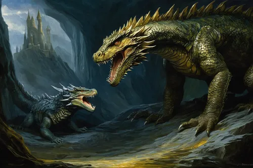 predation,primeval times,landmannahellir,basilisk,draconic,confrontation,cynorhodon,saurian,tyrannosaurus,tyrannosaurus rex,t rex,iguanidae,giant lizard,dragon of earth,reptilia,fantasy picture,prehistoric,heroic fantasy,gorgonops,encounter,Art,Classical Oil Painting,Classical Oil Painting 06