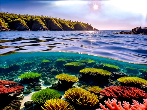 Ocean landscape, vibrant green seaweed, coral reef, schools of small fish, transparent crystal clear water, sunlight shining through surface, gentle waves, rocky coast, 3/4 composition, shallow depth 