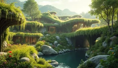 fantasy landscape,rivendell,fairy village,moss landscape,fairy world,shaoming,fantasy picture,elves country,fairy forest,elven forest,mushroom landscape,alfheim,ecotopia,3d fantasy,gondolin,fairyland,fantasy art,fantasy world,fablehaven,world digital painting,Photography,General,Realistic