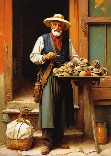 vendor,peddler,merchant,fishmonger,italian painter,winemaker,basket weaver,artisan,basket maker,shoemaker,seller,a carpenter,itinerant musician,fisherman,vendors,pandero jarocho,watchmaker,craftsman,pilgrim,greengrocer,Art,Classical Oil Painting,Classical Oil Painting 42