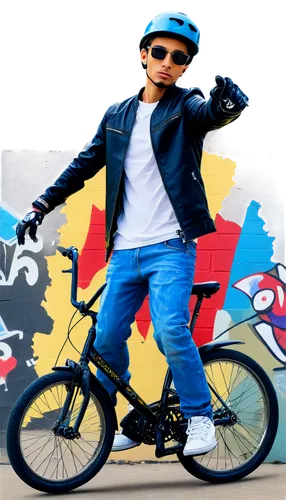 BMX bike, dynamic pose, low-angle shot, metallic frame, colorful wheels, stunt rider, helmet, gloves, sunglasses, ripped jeans, sneakers, urban background, graffiti walls, sunny day, high-contrast lig