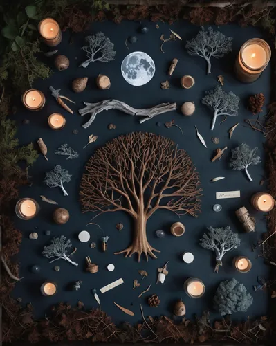 the night of kupala,divination,lunar phases,witches pentagram,shamanism,spring equinox,celebration of witches,candlelights,tree of life,circle around tree,the branches of the tree,the grave in the earth,paganism,sacred fig,offering,lunar phase,tealights,candlemaker,zen garden,tealight,Unique,Design,Knolling