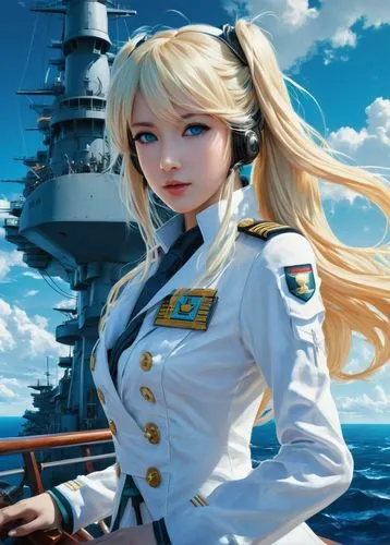 Hatsune Miku, beautiful young girl, beautiful realistic eyes, beautiful lips, blonde long hair, dressed in a white ship captain's suit, standing on the deck of a ship, huge battleship guns, blue sky, 