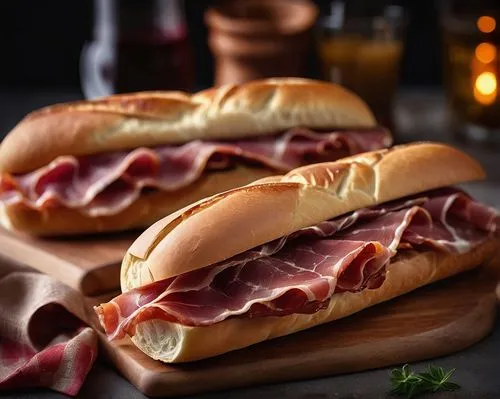  Traditional Spanish Bocadillos with Iberico Jamon,two deli type dogs with meat are on top of a  board,mortadella,pastrano,salami bread,jambon,prosciutto,lonza,Photography,General,Cinematic