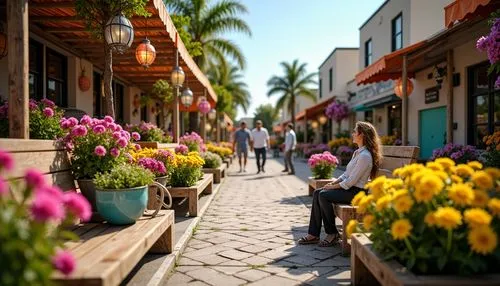 Vibrant flower market, bright blooming flowers, warm sunny day, lively street performers, colorful lanterns, playful balloons, cheerful pedestrians, whimsical garden benches, intricate mosaic patterns