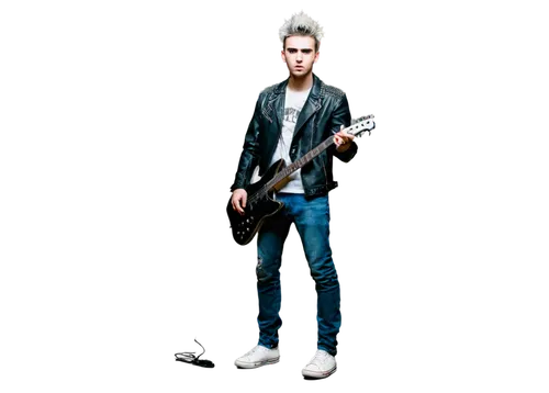 Freestyle punk rock musician, male, young adult, messy spiky hair, bold black eyeliner, nose piercing, ripped denim jeans, black leather jacket, silver studded belt, Converse shoes, holding electric g