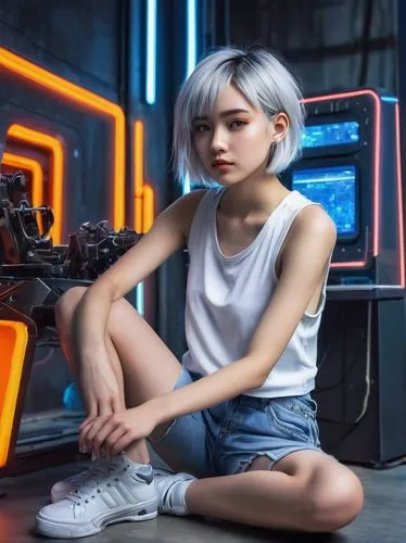 cyberpunk,girl at the computer,futuristic,pi mai,rei ayanami,phuquy,techno color,cyber,hong,hk,radio set,retro girl,color 1,dj,mamiya,portrait background,midi,astro,computer freak,lenovo,Illustration,Realistic Fantasy,Realistic Fantasy 41