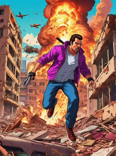 action-adventure game,game illustration,sci fiction illustration,game art,action hero,explosions,world digital painting,fire background,free fire,fighter destruction,explode,bombing,bomber,explosive,apocalyptic,background image,big hero,cg artwork,action film,destroy money,Illustration,Vector,Vector 19