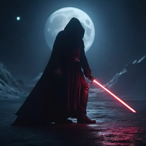 video of a Sith Lord ignighting a lightsaber,a star wars scene with a dark skinned person standing in the night with a sword,sith,revan,darth,starkiller,jedi,vader