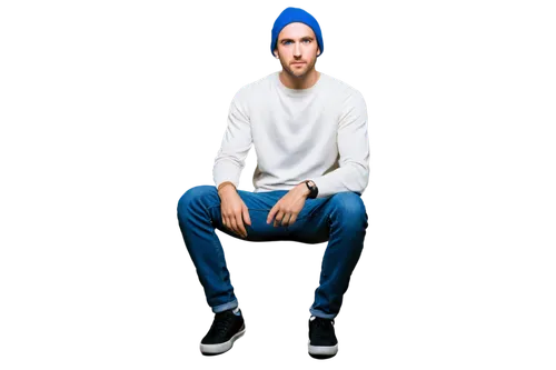 Man, casual wear, beanie hat, messy brown hair, stubble beard, bright blue eyes, relaxed facial expression, white sweater, dark blue jeans, black sneakers, leaning against wall, 3/4 composition, soft 