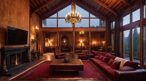 a den with a couch and television, a table, chairs, chandelier, fireplace and several windows,sitting room,luxury home interior,lodge,family room,great room,royal interior,furnishings,living room,foye