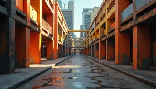 Bold constructivist architecture, vibrant color blocks, geometric shapes, industrial materials, exposed ductwork, metallic accents, urban cityscape, dense metropolitan area, brutalist concrete structu