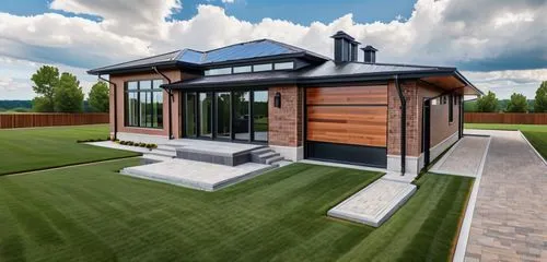 a modern one-story house with a garage, with different angles and perspectives:

1. A modern one-story house with an attached garage, brick veneer exterior in a red running bond pattern with visible b