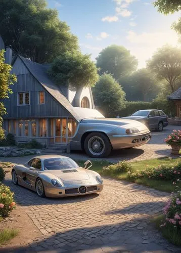 a house with an automobile in front of it, in the style of solarizing master, dark gray and light beige, atmospheric ambience, tenwave,virage,maseratis,etype,luxury cars,maclaren,luxury property,domai