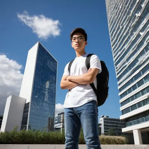 Architecture student, 5-6 years university program, young adult, (20-22yo), casual outfit, jeans, white shirt, sneakers, backpack, serious facial expression, holding architectural model, standing in f