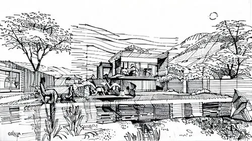 village scene,camera illustration,house with lake,house drawing,water mill,hand-drawn illustration,stilt houses,farm landscape,brook landscape,dutch mill,houseboat,lithograph,crane houses,landscape plan,cottages,old mill,july 1888,boat house,rural landscape,houses clipart,Design Sketch,Design Sketch,Pencil Line Art