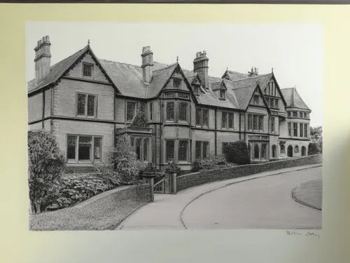 Transform the famous drawing by Bill Denny “Malvern College, House Nr. 7” into a contemporary, high-resolution black and white photo in an impressive way.,a drawing of an english country house with tu