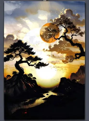 sunset with tree nches and water and sky in the background,landscape background,dusk background,japan landscape,watercolor pine tree,oriental painting,tokaido,Illustration,Paper based,Paper Based 30