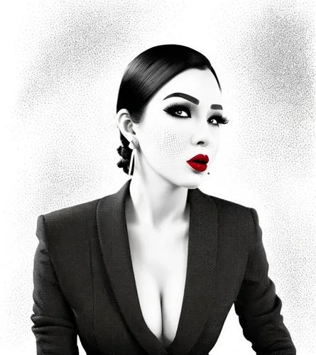 The background color is black and white, but the red color of the lipstick is emphasized. It's like a cartoon illustration,dita,fashion illustration,red lips,business woman,callas,vampira,businesswoma