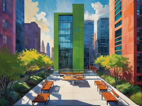 skyscrapers,sky apartment,metrotech,tishman,city corner,patios,outdoor dining,terrace,cityscape,nyu,business district,office buildings,contemporary,tables,urban landscape,urban park,cityview,skyscraper,modern office,terrasse,Conceptual Art,Oil color,Oil Color 25