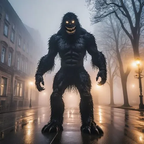 Monstre noir, grand sourire nous regardant,skinwalker,werewolve,bigfoot,krampus,proteoglycan,barghuti,windigo,werewolf,sasquatch,cryptozoology,mothman,gimlin,ryuk,molossus,grodd,apeman,shugarman,wolfm