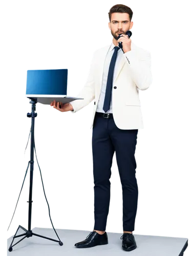 Businessman, presentation scene, standing, confident pose, suit, tie, white shirt, black trousers, leather shoes, holding microphone, laptop on table, projector screen behind, modern office background