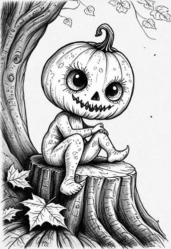 : Design Sketch-Rough Outline ,a cartoon pumpkin sitting in the stump next to a tree,halloween line art,pumpkinhead,halloween illustration,kirdyapkin,pumbedita,pumkin,Design Sketch,Design Sketch,Detai