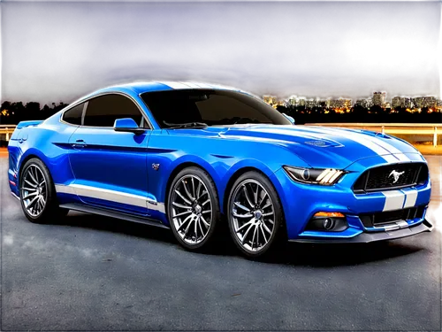 Ford Mustang, American muscle car, shiny metallic blue body, chrome wheels, aggressive front grille, sleek headlights, sporty spoiler, racing stripes, glossy paint, detailed engine, luxurious interior