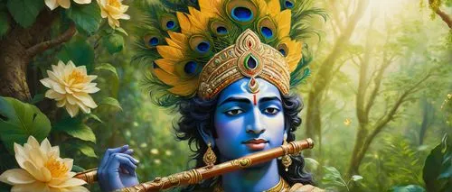 Hindu god, Lord Krishna, handsome young man, blue skin tone, crowned with a peacock feather, adorned with golden jewelry, holding a flute, gentle smile, serene expression, standing in a lush green for