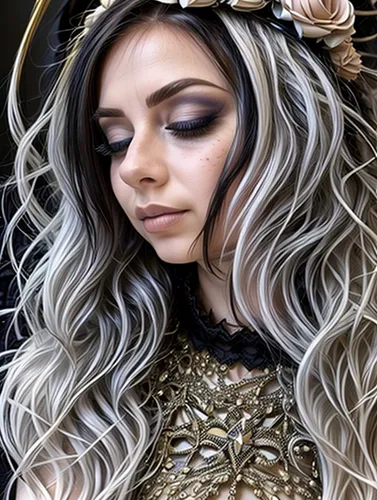 lace wig,fantasy portrait,layered hair,medusa,celtic queen,fairy queen,silver,violet head elf,elven,makeup artist,boho,headpiece,rapunzel,arabian,golden lilac,silvery,eurasian,gold foil mermaid,cleopatra,gypsy hair