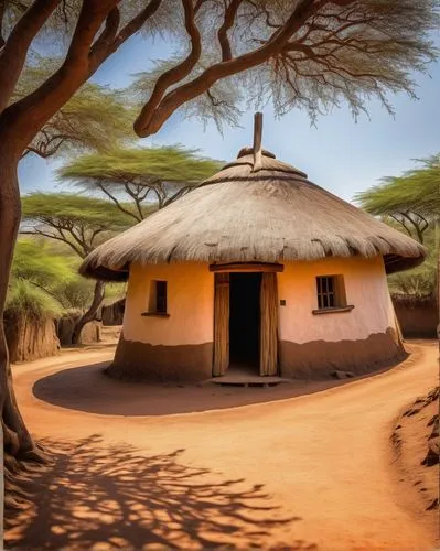 Zulu hut, traditional African architecture, thatched roof, curved shape, mud walls, wooden door, colorful patterns, tribal decorations, natural surroundings, savannah landscape, acacia trees, sunny da