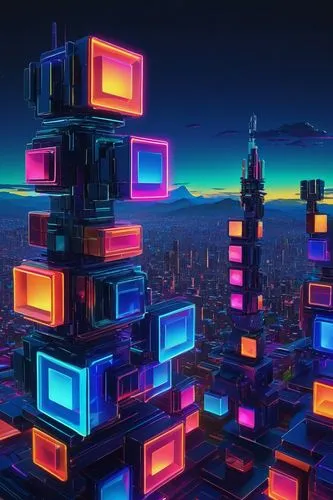 Colorful blocks, animated, 3D, stacked, glowing neon lights, futuristic cityscape, evening sky, dark blue tone, vibrant colors, reflective surfaces, metallic textures, geometric shapes, robotic arms a