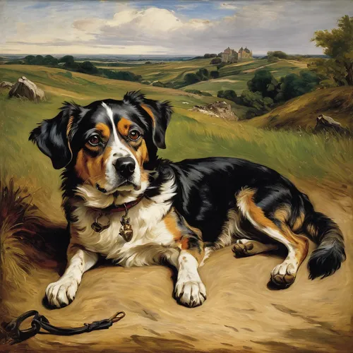 landseer,english shepherd,entlebucher mountain dog,greater swiss mountain dog,bruno jura hound,collie,australian shepherd,artois hound,king charles spaniel,australian collie,basset artésien normand,bernese mountain dog,st bernard,hunting dog,spaniel,st. bernard,east-european shepherd,appenzeller sennenhund,hanover hound,black and tan terrier,Art,Classical Oil Painting,Classical Oil Painting 08