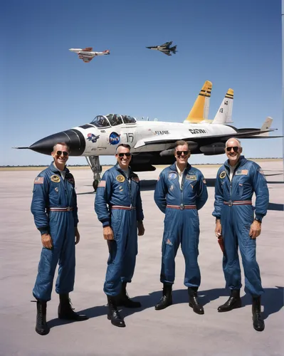 "The X-15 pilots clown around in front of the #2 aircraft. From left to right: USAF Capt. Joseph Engle, USAF Maj. Robert Rushworth, NASA test pilot John ""Jack"" McKay, USAF Maj. William ""Pete"" Knig