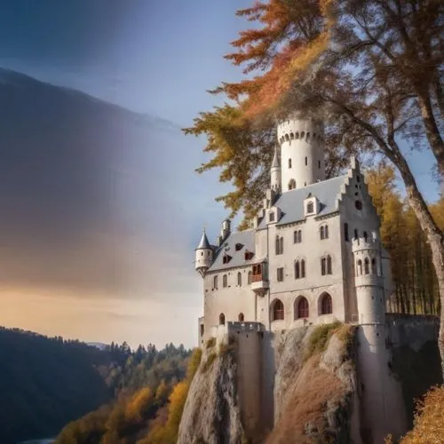 The towering knight's castle with the white round main tower high above the river valley. The weather is fantastic and sunny. Intense blue cloudless sky.,fairytale castle,neuschwanstein,fairy tale cas