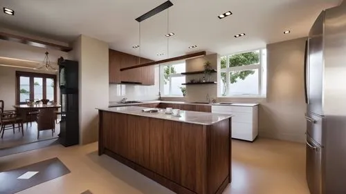 Inside a sleek and modern kitchen, a marble countertop made entirely of rich mahogany wood sits in the center of a wooden table. The wooden grain glistens, showcasing the warmth of the sun. Tears stre