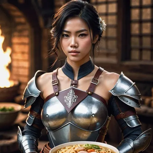 1girl, bare shoulders, bowl, chopsticks, food, indoors, jewelry, necklace, noodles, off shoulder, photo \(medium\), ramen, sitting, solo, striped,mulan,korean royal court cuisine,naengmyeon,korean,kim