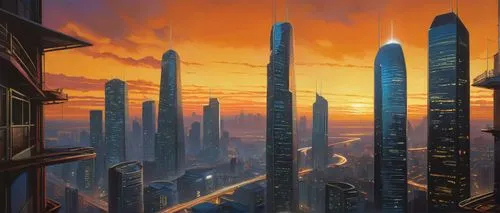 futuristic landscape,coruscant,cityscape,skyscrapers,cybercity,cybertown,citadels,metropolis,schuitema,city skyline,schuiten,coruscating,skyscraper town,sci fiction illustration,fantasy city,city scape,high rises,cyberport,megalopolis,urban towers,Conceptual Art,Oil color,Oil Color 04