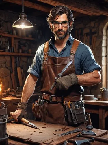 blacksmith,gunsmith,craftsman,mechanic,a carpenter,carpenter,tradesman,tinsmith,woodworker,handyman,blue-collar worker,bicycle mechanic,metalsmith,farrier,lumberjack pattern,rivet gun,craftsmen,man holding gun and light,woodsman,repairman,Illustration,Realistic Fantasy,Realistic Fantasy 23