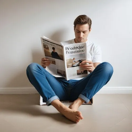 يجلس عليه شخص و يقرء مجلة ويضع قدم على قدم ,a man in jeans sitting on the floor reading a newspaper,reading the newspaper,newspaper reading,people reading newspaper,readership,blonde sits and reads th